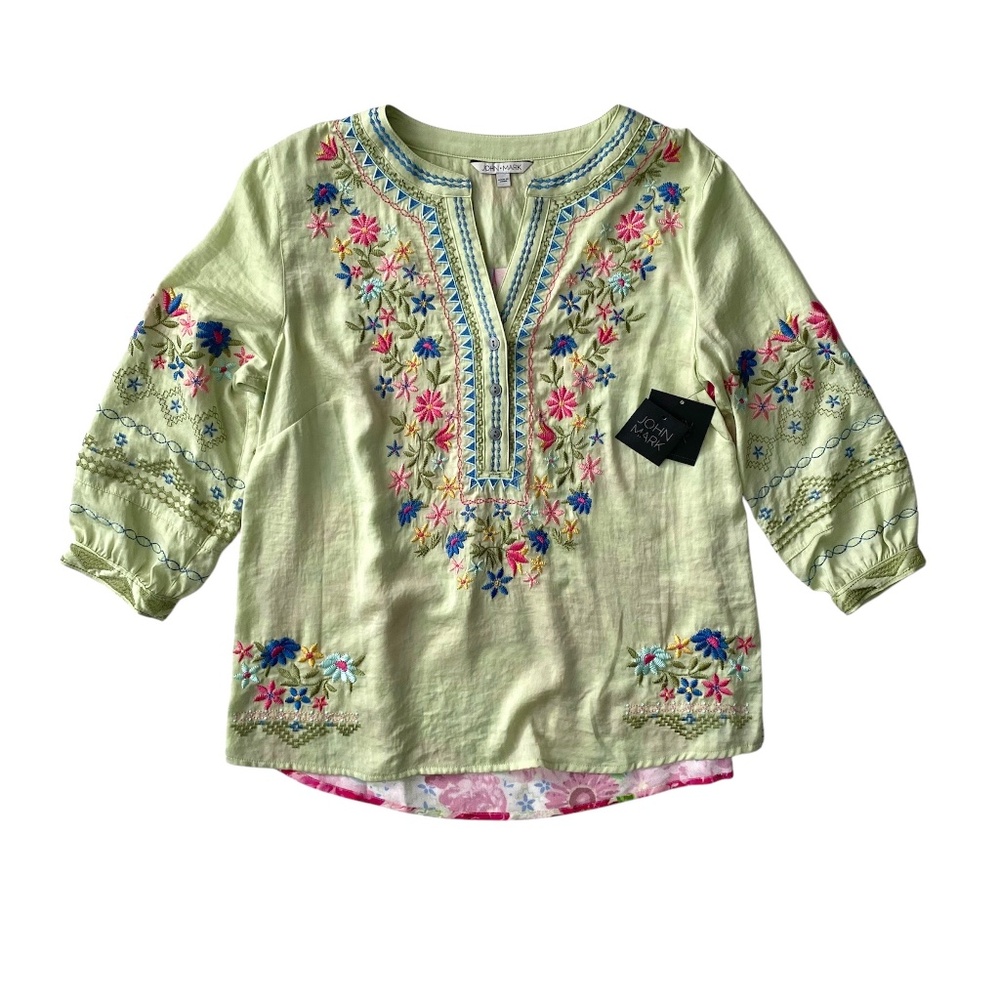 John Mark Nwt Green Split Neck Embroidered Floral 3/4 Sleeve Tunic Top Petite
